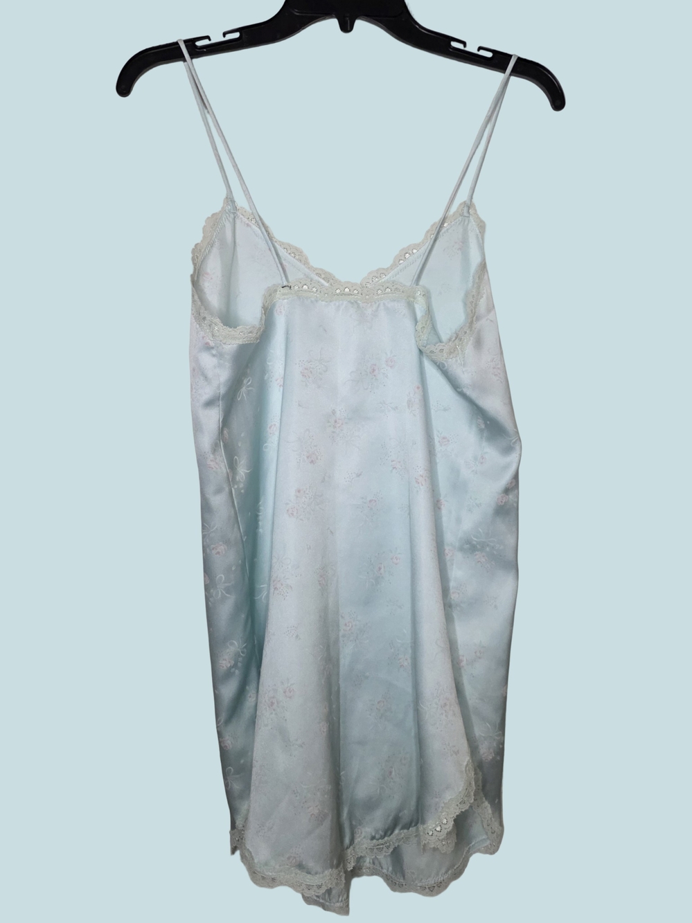 Val Mode Light Blue Floral Bow Pattern Lace Trim Satin Slip - Picture 2 of 8